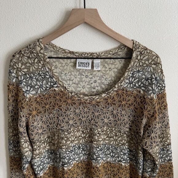 Vtg Chicos Design Top Womens 3 Beige Neutral Earth Tone Daisy Texture Artsy Boho - Picture 2 of 16